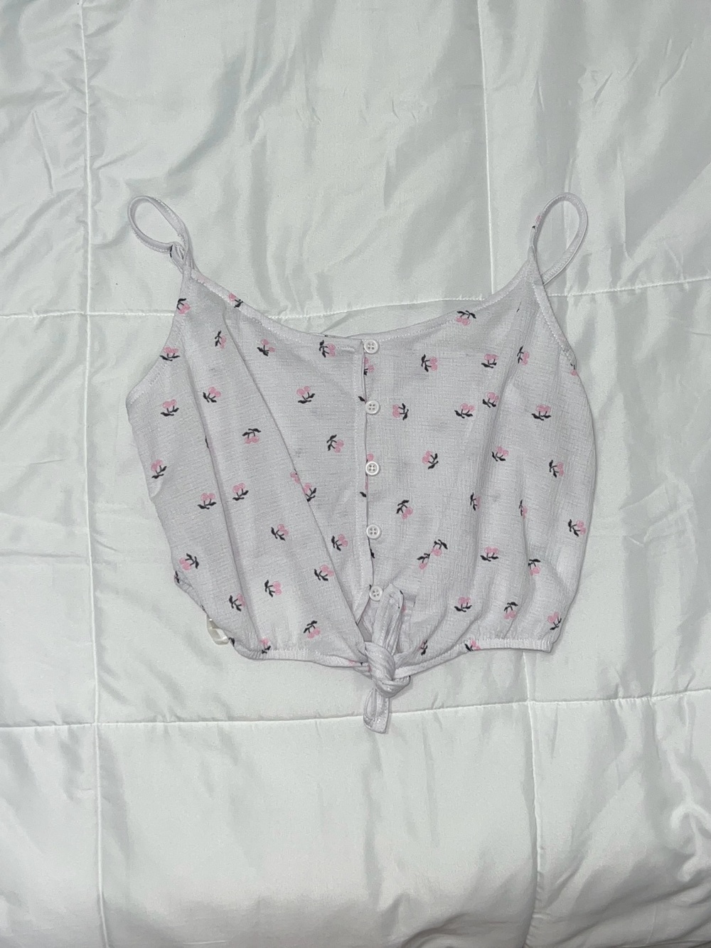Ardene White Crop Top With Pink Cherries Pattern Women’s Size Medium Dainty Cute